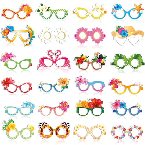 DPKOW Hawaii Partybrillen im 24er Stil, neuartige Hibiskus Papierbrillen Hawaiian Partygeschenke für Erwachsene und Kinder, Tropische Foto Requisiten Hawaii Blumen, Hawaiian Outfit Kostümzubehör