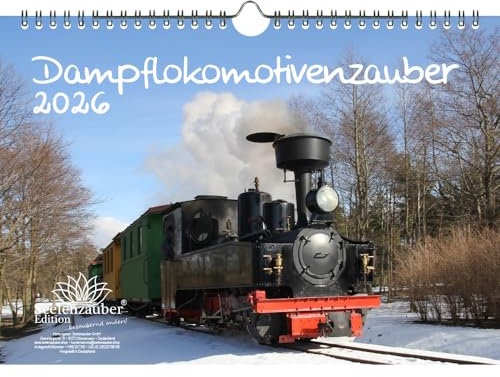 Dampflokomotivenzauber DIN A4 Kalender für 2026 Eisenbahn - Geschenkset Inhalt: 1x Kalender 1x Weihnachtsanhänger 1x Grußanhänger (gesamt 3 Teile)