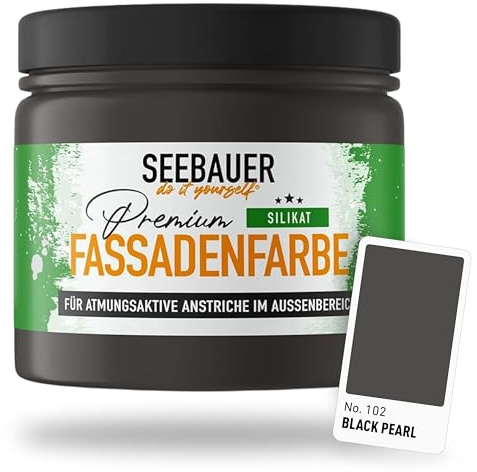 SEEBAUER diy Silikat-Fassadenfarbe Schwarz 300ML für Außen (No. 102 Black Pearl) Atmungsaktive Mineralfarbe für Fassaden - Geeignet für Putz, Mauerwerk und Beton