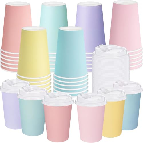 Jingmore 30 Pcs Pastel Coffee Cups with Lids 12 oz Disposable Coffee Cups Easter Pastel Color Paper Drinking Mug for Beverage Chocolate Tea Xmas Spring Holiday Table Decorations Party Supplies