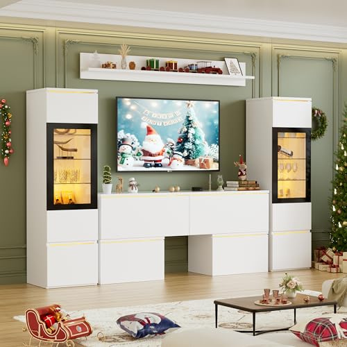 TV Wohnwand mit LED Beleuchtung 4-teilig Anbauwand mit Türen Wohnwand Wohnzimmer Komplett-Set Modern Schrankwand mit viel Stauraum & verstellbaren Einlegeböden für Jugendzimmer Gästezimmer Büro