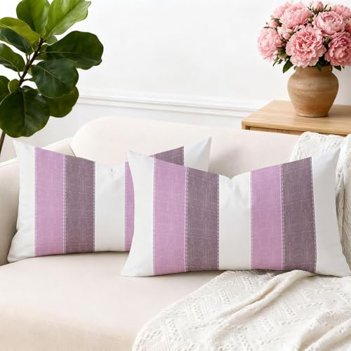 Brylleii Lot de 2 Housse de Coussin Rectangulaire 30x50 Rose Terracotta Moderne Housse Coussin Decoratif Canapé Rayures Blanc Taie d'oreiller Vintage Lin Decoration pour Jardin Extérieur
