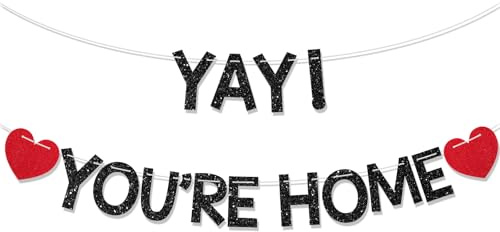 DOPENSPI Yay You're Home Banner, Black Glitter Welcome Home Banner Welcome Home Decorations Sign Return Party Decorations for Ready to Hang Funny Welcome Party Family Housewarming