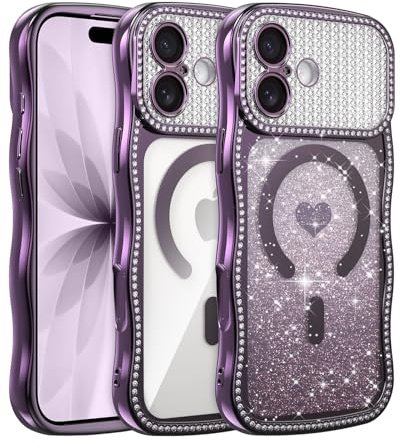 UCASONG for iPhone 16 Plus (6.7) Magnetic Wave Frame Case, Purple Heart | Compatible with MagSafe, Sparkly Rhinestone Gradient Glitter Card, Aesthetic Wavy Case, Soft TPU Shockproof Protective Cover