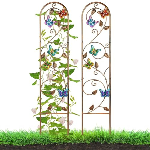 MEIYIFAN Lot de 2 Treillis Métalliques de Jardin de 152 cm Obélisque Haut pour Plantes Grimpantes Décoration Clôture Arquée pour Patio Extérieur Pelouse Cour Jardin (Papillon)