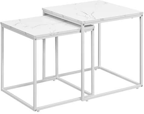 Couchtisch quadratisch 2er Set für Wohnzimmer – Beistelltische im Loft-Design, ineinander schiebbar, Sofatische aus Holzwerkstoff und Stahl, modern, platzsparend (Marmor - Weiß)