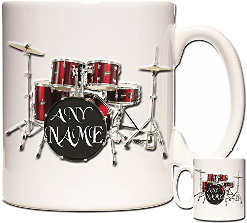 YOUR NAME HERE RED DRUM MUG, Personalised Drum Kit Drummer Music Rock Band Novelty Gift Mug, ceramic gift mug for drummers everywhere. Red Drum Kit Mug