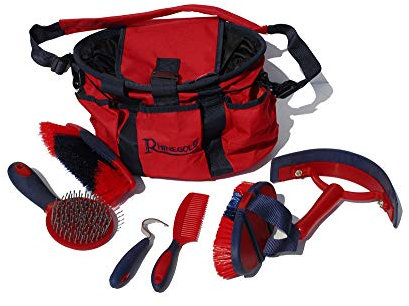 Rhinegold RED GROOMING BAG WITH KIT, 7 Pieces Equestrian Grooming Gift Set that Includes All Types of Horse Hair Brush, Curry Comb, and Hoof Pick with a Multipurpose Horse Grooming Bag