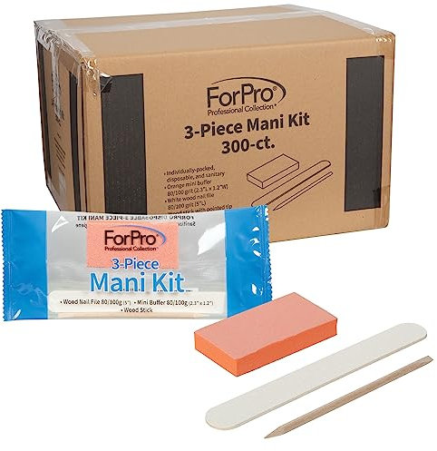 Forpro Basics - Kit de manicura de 3 piezas, lima de uñas de madera blanca, grano 100/180, mini pulidor naranja, grano 100/180, palo de madera, empaquetado individualmente, 300 unidades