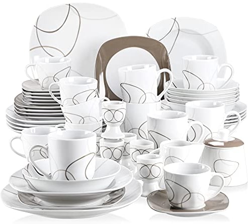 VEWEET Porzellan Tafelservice 'NIKITA' 50-teilig Set, Kombiservice Beinhaltet Dessertteller, Speiseteller, Suppenteller, Müslischalen, Kaffeebecher, Kaffeetassen Set, Eierbecher, Milch- und Zuckerset