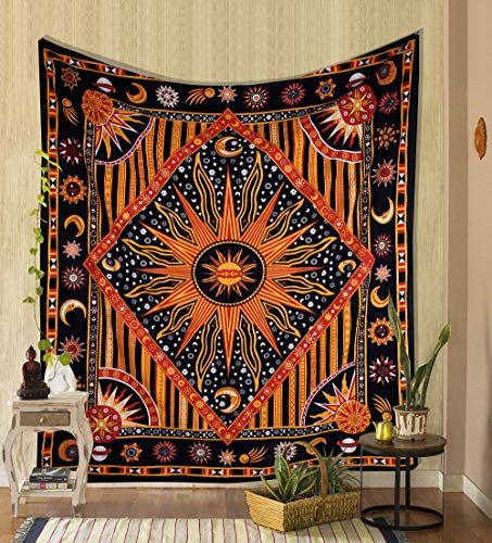 THE ART BOX Indie Wandteppich Baumwolle Mandala Wandbehang Deko Teppich Aesthetic Room Decor Dekoration Wohnzimmer Indische Tücher Schlafzimmer Deko, Gelb Orange, 210x230 Cm