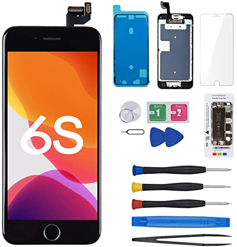 Für iPhone 6S Display 4,7 Zoll passend für A1633, A1688, A1700, mit Homebutton, Frontkamera, Ohrlautsprecher, Näherungssensor, Metallrückplatte, Displayschutzfolie und werkzeug, schwarz