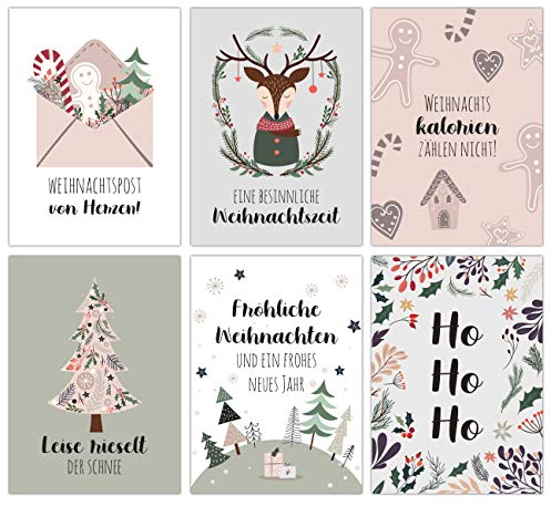 Papierdrachen Weihnachtskarten Set - 12 liebevoll gestaltete Postkarten zu Weihnachten - Kunstdruck zum Verschicken, Pakete dekorieren - Grußkarte Weihachten - Winter Pastell Karten Set 15