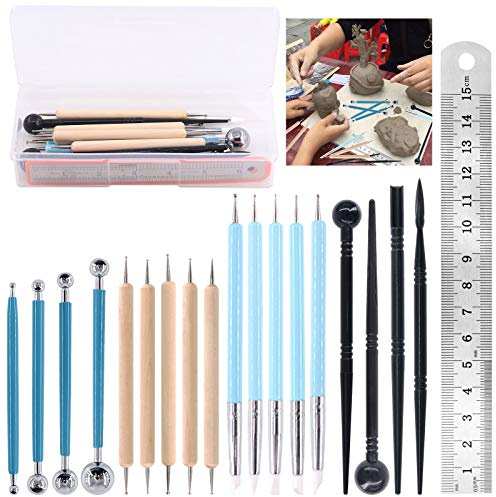 Glarks Set di 19 strumenti per scolpire l'argilla, include strumenti per modellare in plastica, penna a sfera, penne a punta in silicone, strumento a doppia estremità per goffratura, colorazione,