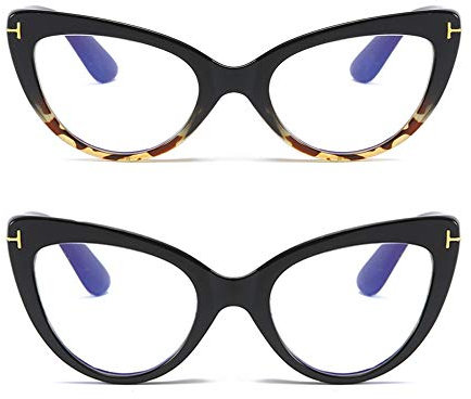 MMOWW 2er-Pack Katzenauge Brillen Damen mit Blaulichtblocker in trendiger Farbe, Stilvolle Großer Bequem Brille (Schwarz + Schildkröte)
