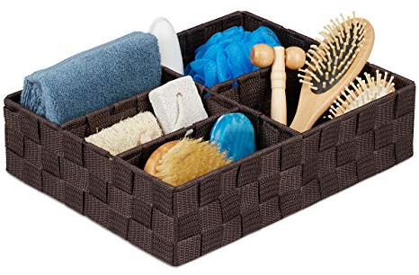 Relaxdays Aufbewahrungskorb, 5 Fächer, eckig, geflochten, PP-Kunststoff, Badezimmer Aufbewahrung, Ordnungskorb, braun