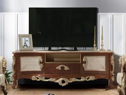 Casa Padrino Luxus Barock TV Schrank Braun/Gold - Handgefertigtes Massivholz Sideboard mit 2 Türen und Schublade - Barock Wohnzimmer Möbel