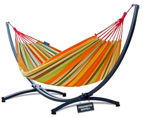 Potenza Outdoor Hängematte mit Verzinkter Gestell für 2 Personen I Baumwolle Doppelhängematte XXL 220x160, 200kg I Hängemattengestell 220kg, wetterfest (Orange, Basic Gestell Graphit)