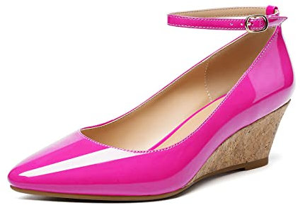 Mettesally Damen Retro Keile Geschlossene Zehe Knöchelriemen Gespitzte Zehe Knöchelriemen Kork Absätze Komfort Schuhe Rose EU36