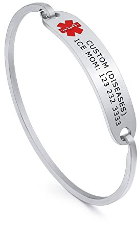 INBLUE Pulseras Alerta Médica Personalizado Brazalete Acero Inoxidable para Mujeres Nombre Identificación Alergia Emergencia Grabado con Fundas para Tarjetas de Emergencia (Plata, 65 mm)