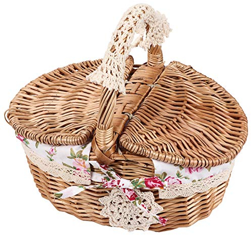 Nikou Picknickkorb aus Rattan, oval, mit Deckel, Leinen, doppelt, Blumen, Urlaub, Camping, Heimdekoration