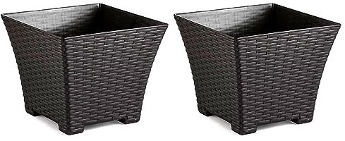 AC - Pack de 2 macetas Cuadrada - Fabricación en plástico – Diseño Rattan – Ideal como macetero, Tiesto, Recipiente para Plantas, Flores, balcón, terraza, jardín – 25 cm – Color Wengué