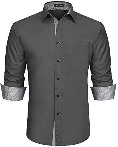 HISDERN Grey Dress Shirt Formal Long Sleeve Button Down Brown Houndstooth Plaid Work Fashion Smart Floral Collar Regular Fit Dark Gray Shirt M