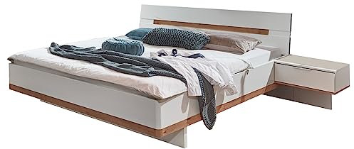 Lomadox Doppelbett, 180cm Liegefläche, höhenverstellbar, mit 2 schwebenden Nachtschränken in weiß mit Artisan Eiche Nb., B/H/T ca. 292/94/210 cm