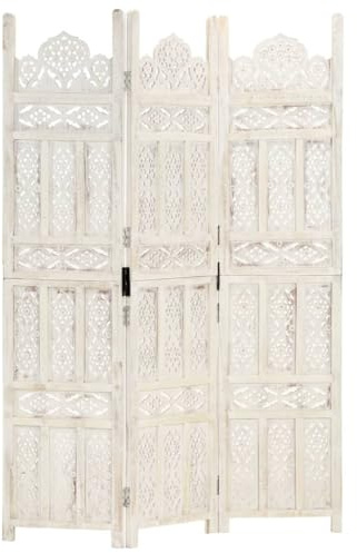 vidaXL Solid Mango Wood Hand carved 3-Panel Room Divider Room Partition Decorative Wooden Screen Folding Privacy Screen White 120x165cm