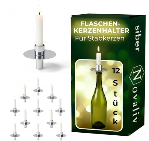 Novaliv 12x Kerzenhalter Flasche I Silber I Metall I Kerzenhalter Flaschenaufsatz für Kerzen Flaschenkerzenhalter Stabkerzen Kerzenständer Silber Stabkerzenhalter Glas Candle Holder Stabkerzentüllen