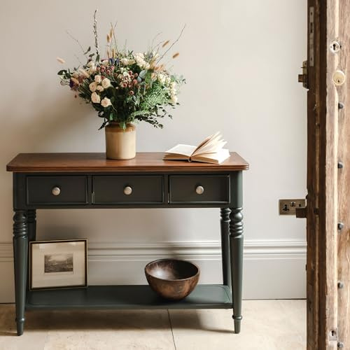 Statement Furniture Queensbury Console Table with Oak Top | 3 Drawer and Shelf | W115cm H81cm D33cm | Turned Legs and Top Detailing (Bottle Green)