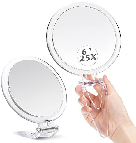 MIYADIVA Handspiegel 25X Vergrößerungsspiegel mit Griff, Reise-Handspiegel mit doppelseitigem 1X/25X Vergrößerungsspiegel für Make-up, 6 Zoll Faltbare Make-up-Spiegel als Geschenk für Eltern.