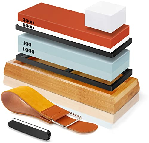 Kit de pierre à aiguiser 400 1000 3000 8000# avec base antidérapante en bambou