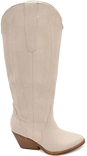 Malu Shoes Stivali donna camperos texani stile western beige con cucitura in rilievo tinta unita tacco 5 cm altezza polpaccio (37 EU)