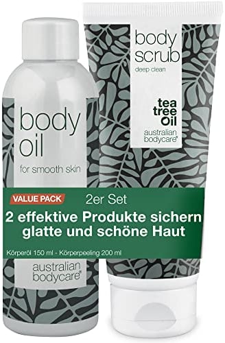 2 Produkte zur Verbesserung des Aussehens von Cellulite: Body Scrub 200 ml mit 100% natürlichem Teebaumöl und Body Oil 150 ml, das die Sichtbarkeit von Cellulite reduziert | Dermatologisch getestet