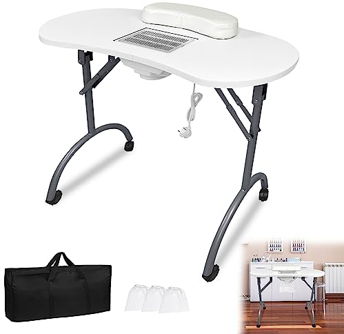 YRHome Faltbar Maniküretisch mit Absaugung, 98x44 x77 cm Maniküre Tisch Nageltisch mit Staubbeutel Tragbaresmanikürtisch Mobilesmanikürtisch Tragetasche mit Rollen 13 KG Weiß