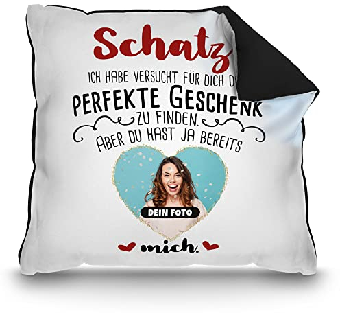 PR Print Royal Fotokissen mit Spruch gestalten Kissen mit Foto in Herzform - Geschenke zum Jahrestag | inkl. Füllung, Rückseite Schwarz, 40 x 40 cm