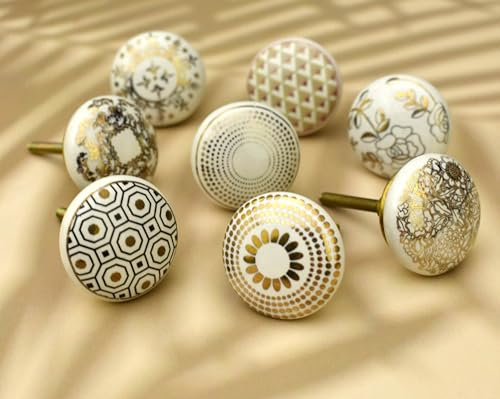 ARTISNO Royal Gold and Cream White Ceramic Door Knobs - 8-Pack Assorted Vintage and Shabby Chic Designs for Interior Furniture, Cabinet, Cupboard Drawers Pulls Handles Set of -8