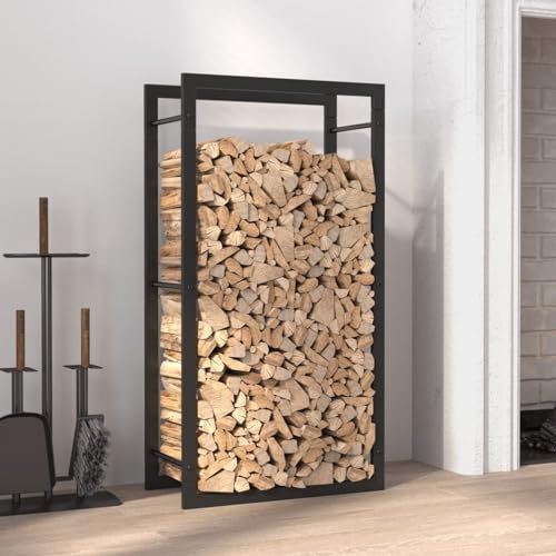 JUNZAI Leñero, Leñero Exterior, Guardar Leña Exterior, para Guardar Leña, Almacenaje Leña, Estante De Leña, de Acero Negro Mate 50x28x94 cm