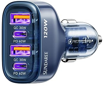 SUNDAREE Zigarettenanzünder USB C,120W 4 Port 12V 24V Kfz Handy Auto Ladegeräte Type C PD QC 4fach Schnellladen Adapter for Samsung A54/Google Pixel 7a/Redmi Note 12/iPhone 14/MacBook/Lenovo/Laptop