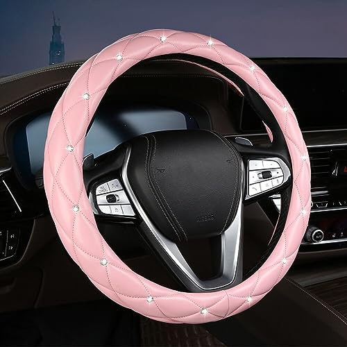 Bling Diamant Strass Auto Lenkradbezug,38CM / 15'' Leder Lenkradabdeckung Anti Rutsch Lenkradhülle Atmungsaktiv Lenkradschutz Lenkradschoner Glitzer Autozubehör für Männer Damen,Rosa