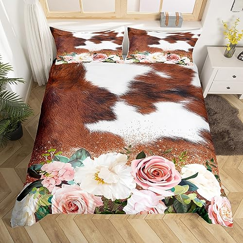 richhome Kuhfell Print Bettwäsche Set 135x200,Kuhfell und Rose Floral Bettbezug mit 1 Kissen Sham Tröster Bezug (kein Füller), Bauernhaus Highland Rind Bettbezug Set