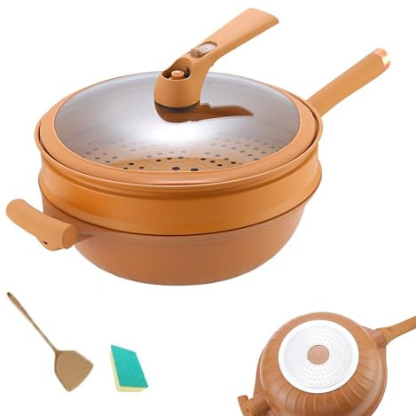 YODAOLI Non-stick Clay Wok with Steamer Basket, Multifunctional Pottery Clay Non-stick Micro Pressure Pot - 32cm/12.6inch (1Pcs)