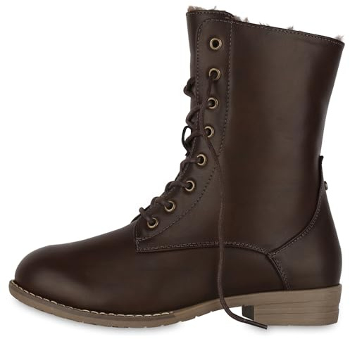 VAN HILL Warm Gefütterte Damen Schnürstiefeletten Leder-Optik Stiefeletten 611594 Dunkelbraun 37