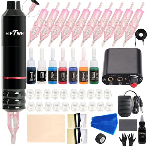 EIPTWH Tattoo Maschine Set, DC Rotary Tattoo Gun Kit mit 10 Stück Tattoo Nadeln 7 Farben Tattoo Tinten Set Tattoo Maschine Set für Anfänger