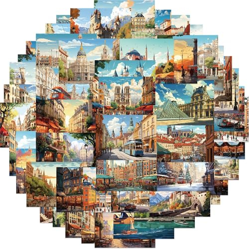 50 Stück Europäische Gebäude Aufkleber Pack Architecture Sticker Set wasserdichte Vinyl Sticker für Laptop Kinder Autos Motorrad Fahrrad Skateboard Gepäck Koffer Computer Aufkleber Graffiti Decal