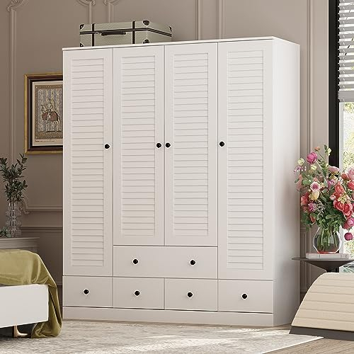 Großer Kleidschrank Garderobenschrank mit 4 Türen,5 Schubladen, Hängestangen Schlafzimmerschrank mit schwarzen Griffen für das Schlafzimmer, Kleiderschränke,150cm B x 50 cm T x180 cm H,weiß, MDF