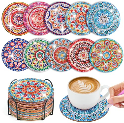 WuGU 10 Pièces Peinture Diamant Dessous de Verre, 10 cm Dessous de Verre en Liège Rond, Mandala sous-Verres Art de Diamant avec Support, Tapis de Tasse Mandala en Bois pour Tasses, Vases, Cadeau-B