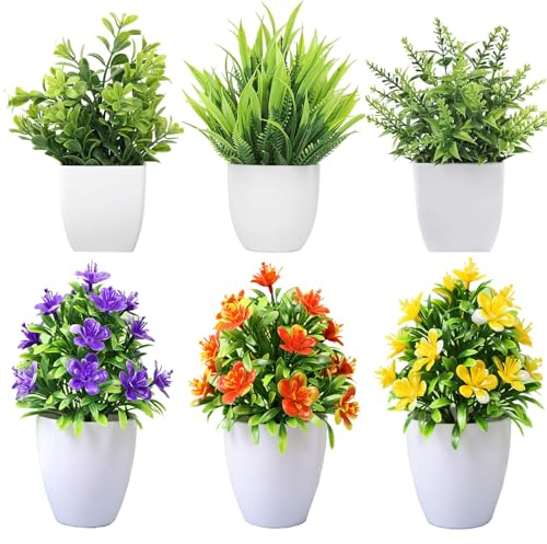 6 Pièces Mini Fleurs Artificielles en Pot Rose Artificielle Plante Artificielle avec Pot Plastique 6 espèces végétales différentes Convient à la décoration de Meubles, de Bureaux