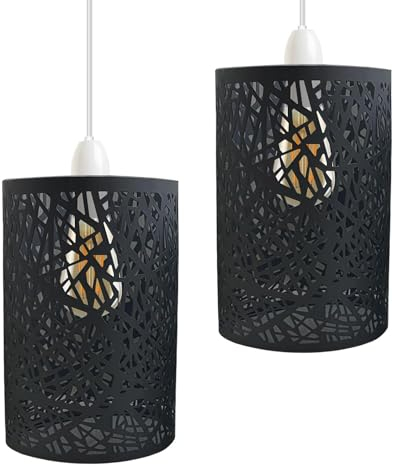 DC VOLTAGE 2 Pack of Industrial Metal Bulb Guard Drum Shaped Lampshades for Ceiling Pendant Lights, Indoor Easy Fit Wire Cages for Kitchen, Hallways (2 Pack Black B7)